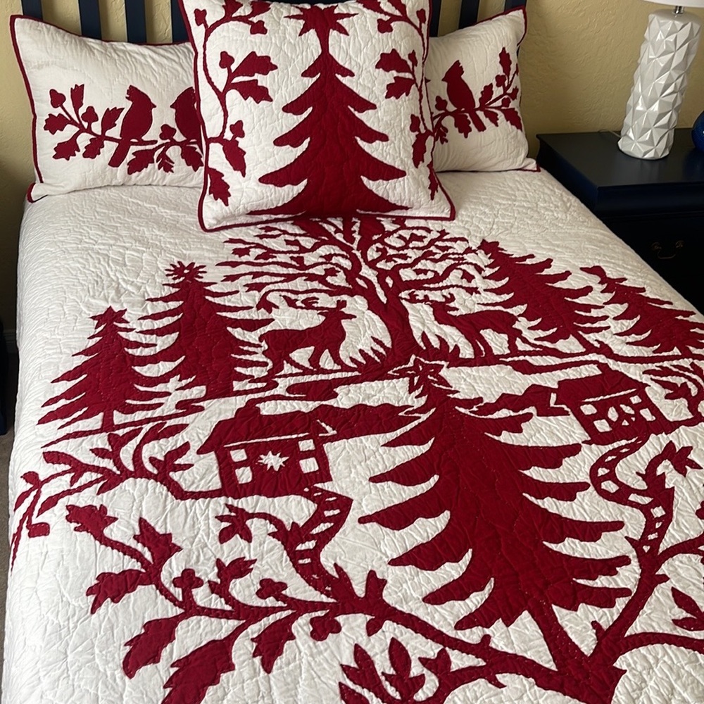 POTTERY BARN QUEEN HOLIDAY QUILT W/2 STANDARD SHAMS, 1 EURO SHAM. EUC